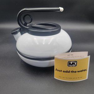 VTG NEW NOS M. Kamenstein White Enamel Whistling Tea Kettle Pot Taiwan Black Acc